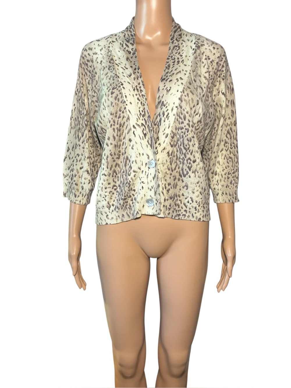 Chico's Women's Shrug Cardigan Sweater L 3/4 Sleeve Silk Blend Animal Print Knit